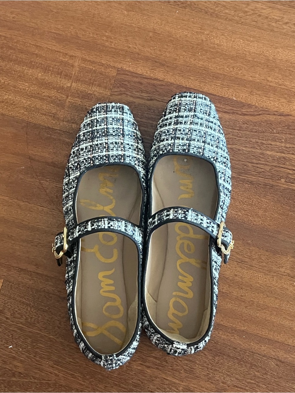 Sam Edelman Black & White Tweed Mary Jane Flats with Gold Buckles